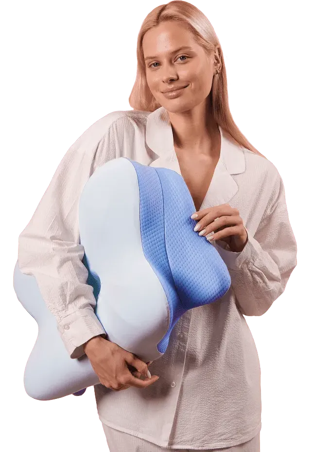 Happy customer waking up refreshed after sleeping on Derila Ergo pillow